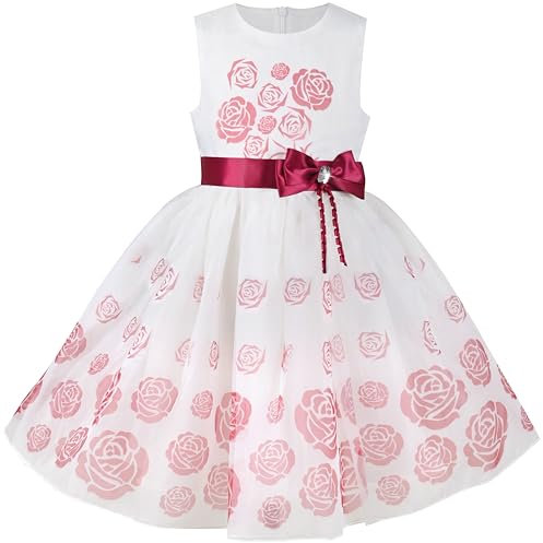 Vestito Bambina Rosa Floreale Rosa Cravatta a Farfalla Senza Maniche Classico Festa Nozze 10 Anni