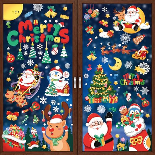 Wothfav Vetrofanie Natalizie, 386 Pezzi Adesivi Natalizi per Finestre, 9 Fogli Vetrofanie Natalizie per Finestre, Decorazioni Natalizie, Adesivi Finestra Natale Riutilizzabile, Sticker PVC Rimovibile