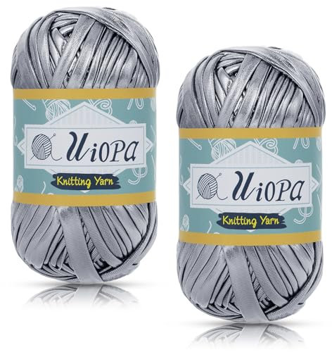 Uiopa Metallic T-Shirt Garn, 2 x 100g(2 x 45m) Bändchengarn Polyester Häkelgarn, Dickes Garn Crochet Yarn für Häkeltaschen, Körbe, Teppiche, Heimdekoration, DIY-Projekt (Dunkelgrau)
