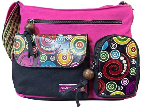 Macha Sac en coton et inserts en cuir avec imprimés colorés, sac à main à bandoulière en coton et cuir pour femme ethnique indienne (Fuchsia)