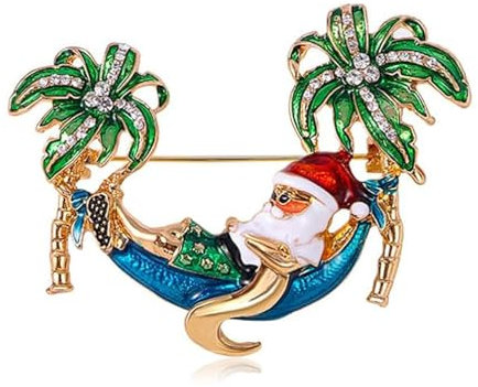 Broche Père Noël En Vacances Pour Femmes Filles Unisexe Plaqué Or Mode Strass Vert Hawaï Palmier Broche De Noël Épinglettes Mignonnes Accessoires De Robe Drôles Bijoux Cadeau Souvenir
