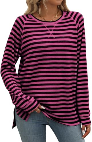 Flikity Plus Size Tops for Women, Crew Neck Blouses Striped Sweatshirt Women Long Sleeve T Shirts Ladies Top 20-22 Womens Autumn Clothes Going Out Tops Pink XXL