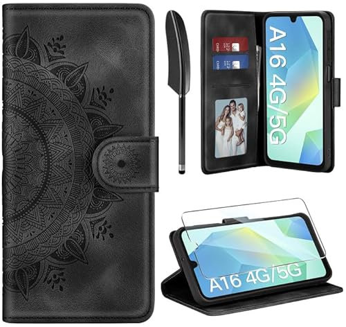 ivencase Lederhülle für Samsung Galaxy A16 5G / 4G Hülle mit Schutzfolie, Premium Klappbar Flip Wallet Handyhülle, [PU Leder] [Kartenfach] [Ständer] Schutzhülle Kompatibel mit Samsung A16, Schwarz