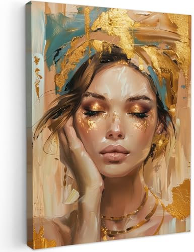 MuchoWow© Bilder 60x80 cm Wohnzimmer Deko Modern Wandbild Kunstdruck auf Leinwand Bild Schlafzimmer über Bett Room Decor Geschenke Frau - Porträt - Gold - Luxus