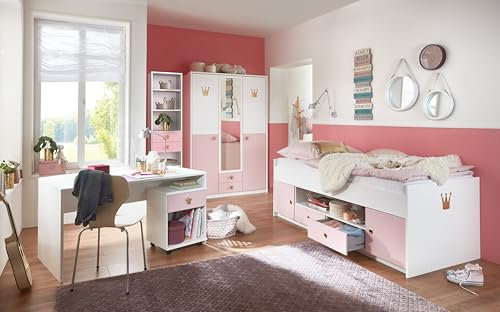 M Möbel-Direkt Deutschlands schnelle Möbel Jugendzimmer Cindy - 5-teiliges Kinderzimmer in Weiß & Rosé - Prinzessinnenzimmer mit goldenen Kronengriffen - Made in Germany