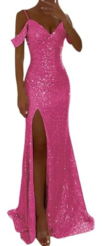 Mymyguoe Robe de Soirée Longue à Paillettes - Épaules Dénudées, Col en V, Scintillante pour Bal et Demoiselle d'Honneur - Formelle pour Femme
