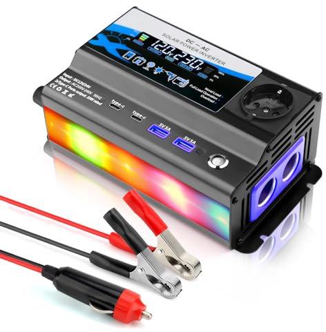 WODHMIEY 600W Kfz Wechselrichter 12V/24V auf 230V – Auto Spannungswandler mit 1 Steckdose, 2 USB, Type-C & Zigarettenanzünder, LCD-Display, Ambientebeleuchtung – für Camping, Reisen, Wohnmobil & LKW