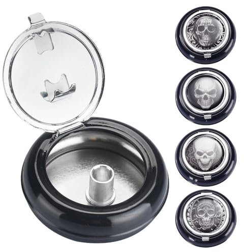 Murago - 4er Set Taschenaschenbecher mit Glutkiller - Deckel Totenkopf Schwarz für die Handtasche unterwegs rund klein Metall für draussen