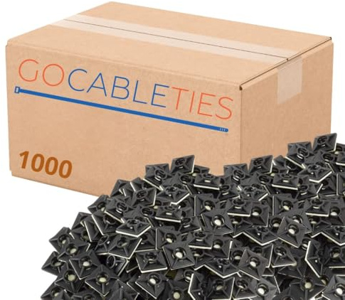 Gocableties 1,000 Pack of Black Cable Tie Bases - 19mm x 19mm (3/4) - Premium Adhesive Fixing Mounts