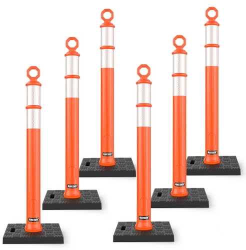 BATTIFE 6 Pack 42 Inch Orange Traffic Delineator Posts with Reflective Collars and Base, Safety Cones for Construction Zones and Driving Practice