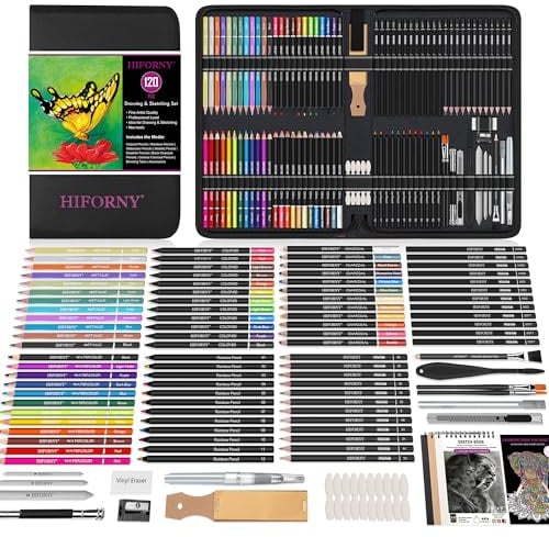 HIFORNY 120-teiliges Zeichen-Set, Künstlerbedarf mit 3 Farbskizzenbüchern, Malbuch, Regenbogen, Aquarell, Metallic, Graphit, Schwarz und Bunt, Mischwerkzeuge und