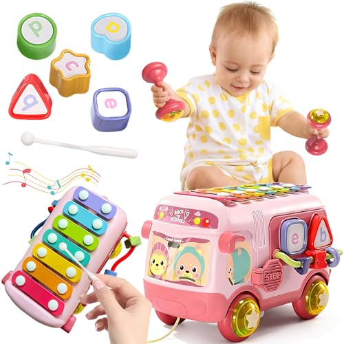 Lubibi Baby Montessori Spielzeug Bus 5-in-1 Multifunktion Baby Aktivitätsbus mit Xylophon, Formensortierer, Schiebern, Glocke & Hebel, Lernspielzeug mit Musik für 1 2 Jahre alte Mädchen Jungen Kinder