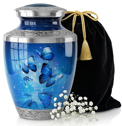 STONLIF Blue Butterfly Urn for Female – Large 200 Cubic inches Adult Funeral Memorial Urn – Decorative Urn for Female – Burial or Home Display