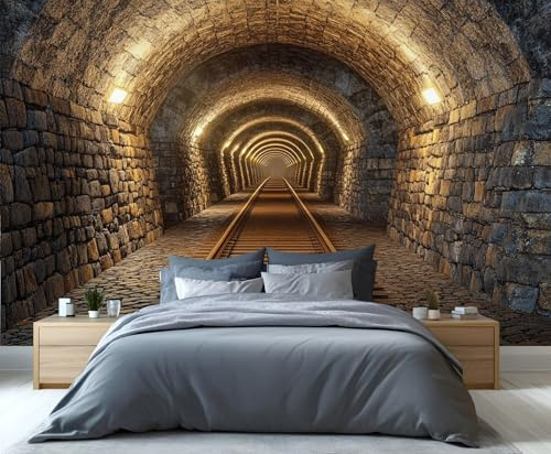 YXQAIED Tunnel Wallpaper, Retro Stone Wall Bedroom Wallpaper, Railroad Tracks 3D Wall Murals for Living Room, Home Decor & Not Self-Adhesive Wallpaper