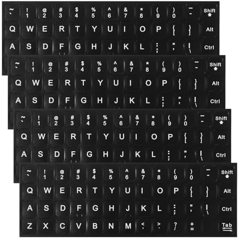4 Stück Keyboard Aufkleber, Universelle Englische Tastatur-Aufkleber, Weiße Schrift auf Schwarzem Hintergrund, für Computer, Laptop, Notebook, Desktop