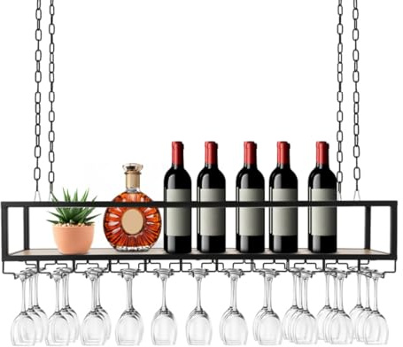 Hängendes Weinregal aus Metall, 110cm Bar-Display Weinlagerhalter mit Glashalter und Regal, mit Glashalter und Ablage, Industrieller Multifunktionaler Weinflaschenhalter, für Bar, Café, Küche Decke