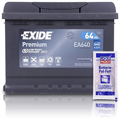 EXIDE EA640 Premium Carbon Boost Autobatterie 12V 64Ah 640A Starterbatterie PKW KFZ Batterie - Ersetzt 58Ah 60Ah 61Ah 62Ah 63Ah + 1x Batteriepolfett
