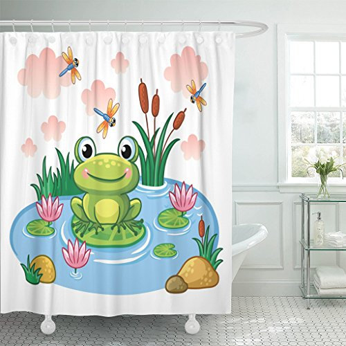 Emvency Duschvorhang, blauer Cartoon-Frosch sitzt Blatt im Teich, Kinderstil, See mit und Tieren, buntes Baby, wasserdichtes Polyestergewebe, 183 x 183 cm, Set mit Haken