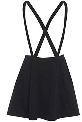 Ladies Womens Tartan Brace Pinafore Dungaree Short Mini Skater Skirt Dress Black