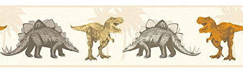 Tapeten Bordüre mit Dinosaurier | Jungen Tapetenbordüre mit Dino und Palmen | Kinderzimmer Wandbordüre in Beige und Braun