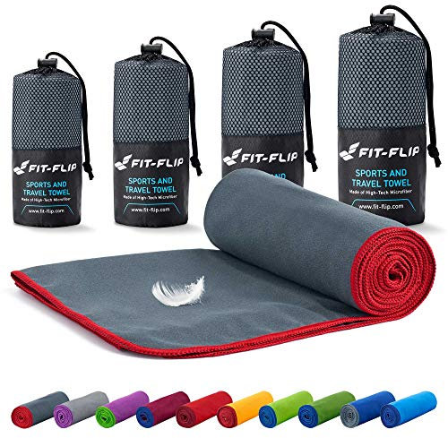 Fit-Flip Mikrofaser Handtuch - kompakt, leicht und schnelltrocknend - Microfaser Handtücher - als Reisehandtuch, Sporthandtuch, Strandtuch und Badetuch groß (50x110cm, Dunkelgrau - Rot)