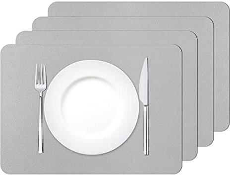 MORROLS Tischsets Abwaschbar, Tischset Leder 4er Set Lederoptik Kunstleder Wasserdicht Platzset für Zuhause Restaurant Speisetisch, 42x30cm,Hellgrau