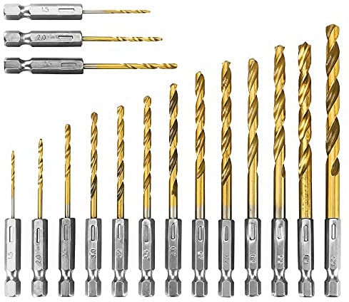 Saipor 16pcs Hex Shank Titanium Coated Twist Drills Bit Set 1.5-6.5mm High Speed Steel Quick Change Impact Driver Bit for Soft Metal, Wood, PVC and Plastic