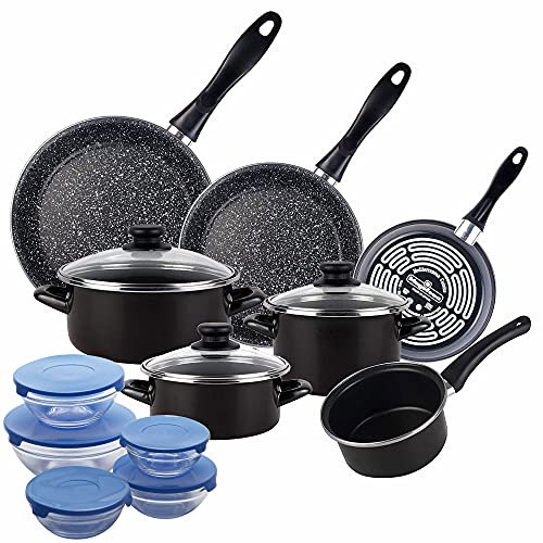 Magefesa Batería 10 piezas cacerolas diámetro16 y diámetro 20 tapas, olla diámetro16 tapa y cazo de diámetro 14, y 3 Sartenes diámetro 18 diámetro 20 y diámetro 24 cm, acero vitrificado