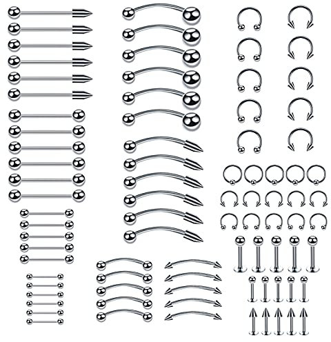Comius Sharp 85 Stück Mixed Edelstahl Piercing Schmuck Zunge Lippe Augenbraue Nase Nieten Bauchring Für Männer Frauen Preiswert und Langlebig Verschiedene Größen Various
