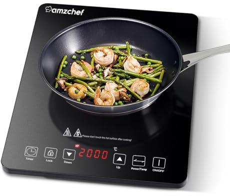 AMZCHEF Placa Inducción Portatil, Placa de inducción de 2000 W con 10 Niveles de Potencia, 10 Niveles de Temperatura, Control por Sensor Táctil, Bloqueo de Seguridad