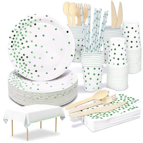 Komicea Vaisselle Jetable Anniversaire Vert, 161 PCS Assiette Jetable Anniversaire, Party Vaisselle Kit Assiette Gobelet et Serviette pour Decoration Anniversaire Baby Shower Mariage (20 Invités)