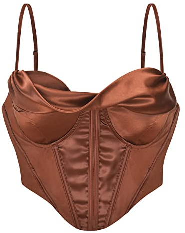 Bslingerie® Womens Satin Ruffled Party Wear Outfit Crop Top Bustier Shapewear (XL, Brown)