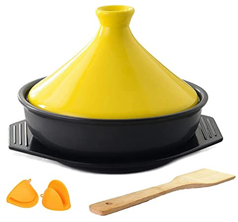 YLWX Cuisine Plat Tajine Marocain, Pot À Cuisson À La Main, Pot De Tajine For Cuisson, Ustensiles De Cuisine En Céramique, Avec Spatule En Bois (Color : Jaune)