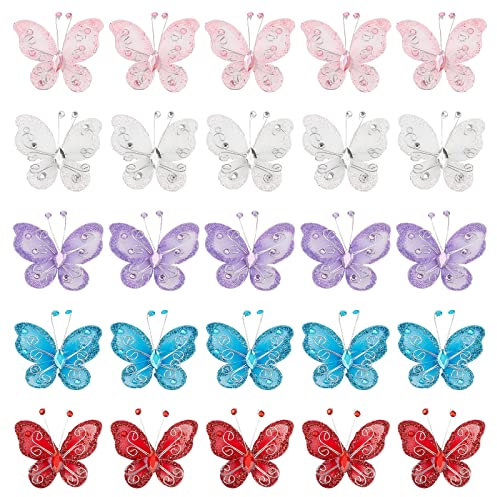 GORGECRAFT 25 STÜCKE 5 Farben Organza Schmetterlinge Mit Draht Und Strass Stoff Schmetterling Dekoration Glitzer Nylon Mesh Schmetterlinge Spitzenborte Für Hochzeit Party Kleidung Ornamente Handwerk