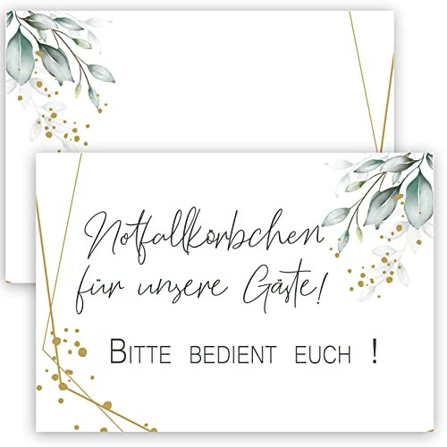 4x Notfallkörbchen Schilder Notfallkorb Schild Karte A6 Karten Feier Geburtstag Hochzeit Hochzeits Notfallset Party Spaß Deko Hochzeitsdeko Grün Weiß Gold Blätter Vintage 30 40 50 60 70 80 90