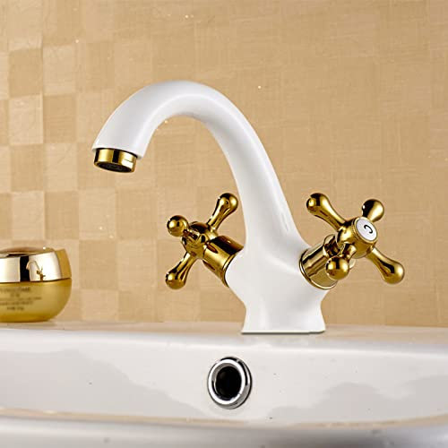 ZYCDP Bad Armaturen Waschbecken Retro Weiß Gold, Zweigriff Waschtischarmatur Heißes Kaltes Wasser, Mischbatterie