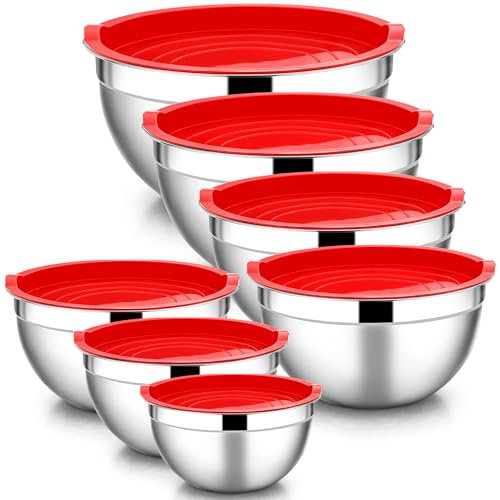 HaWare Set di 7 ciotole in acciaio inox, impilabili con coperchio ermetico per cuocere/cucinare/preparare, lavabili in lavastoviglie, 6,5/4,5/3/2,5/1,5/1,2/0,7 l, colore: rosso