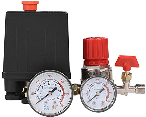 Lwuey Druckschalter für Luftkompressor, Ventil mit Kontrolle Druckregler Kompressor Druckluft Bis 12 Bar Manometer Steuerventil Schalter Sicherheitsventil Schnellen Reduzier Druckminderer G1/4 Regler