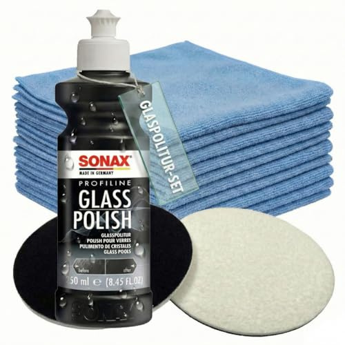 Glaspoliturset bestehend aus einer SONAX 250ml Glass Polish + 2 Stück Flexipads Ø135mm Glas-Polierpads + 20 Stück Craft-Equip Microfasertücher BLAU