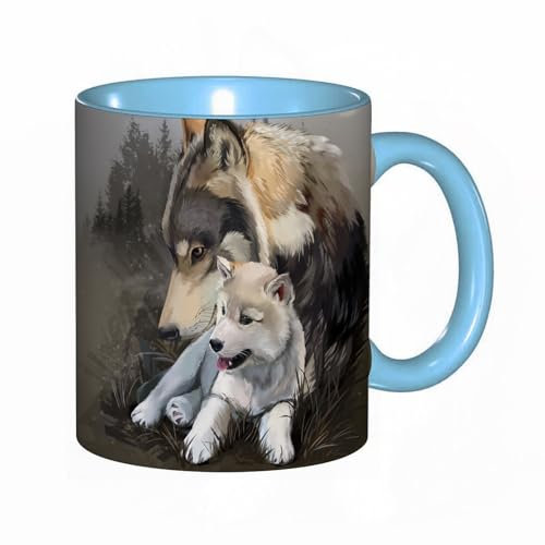 DHAEY Tasses à café amusantes, Un petit loup et sa mère. dessin à l'aquarelle, Tasse à thé humoristique pour femme – Cadeau d'anniversaire
