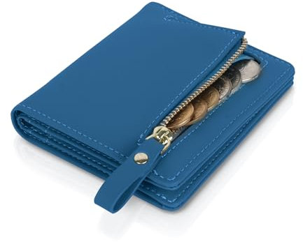 Moorle Damen Geldbörse, Saphirblau Leder Geldbeutel mit Reißverschluss, Mehrere Kartenfächer für Geschenk, Kleine Damen Geldbörse