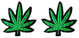 PLpatch Set mit 2 winzigen Mini-Cannabis-Marihuana-Blättern, niedliches Cartoon-Logo, 1 Flicken zum Aufnähen und Aufbügeln, bestickte Applikation, Abzeichen, Schild, Patch, Kleidung, Kostüm (Grün-1)