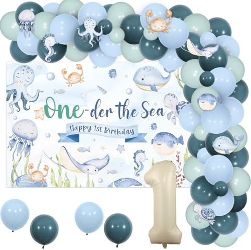 Jollyboom Under the Sea 1st Birthday Decoration Junge, Oneder Decorations Backdrop Ocean Animal Stickers Balloon Arch Kit Number 1 Foil for Boy Underwater Party