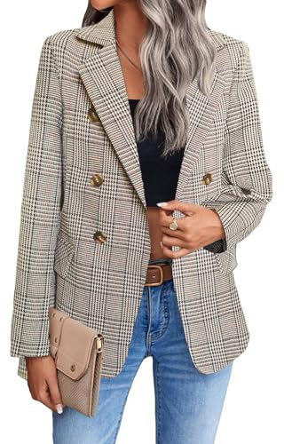 Mina Self 2024 Tweed-Blazer-Jacke für Damen, modisch, lässig, vorne offen, elegant, Arbeitsanzug, Obertasche, Kariert/Braun, S