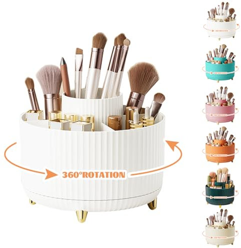 360° Rotating Makeup Organiser, Make Up Brush Holder with 5 Compartments, Desk Storage Container for Bedroom Dressing Table Cosmetics Organizer, Office Stationery Storage, Desktop Pen Holders (White)