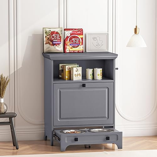 Roomfitters Station d'alimentation pour Animaux, Meuble de Rangement pour Animaux, Compagnie avec Récipient Alimentaire Caché, Conteneur Croquettes Chien, Gamelles Chiens Surélevées de 2, Gris