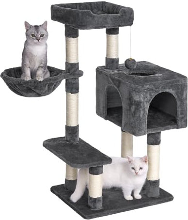 Oak & Tea Cat Tree, 39in Cat Scratching Post for Indoor Cats, Multi-Level Stable Cats Tower with Cozy Condo, Sisal Posts, Perches, Hammock & Dangling Ball (Dark Grey)