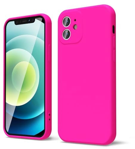 oakxco for iPhone 12 Case Liquid Silicone, Neon Bright Solid Color, Soft Rubber Gel Elegant Aesthetic Cover, Thin Slim TPU Matte Plain Smooth Case for Women Girl Cute, Hot Pink Fuchsia
