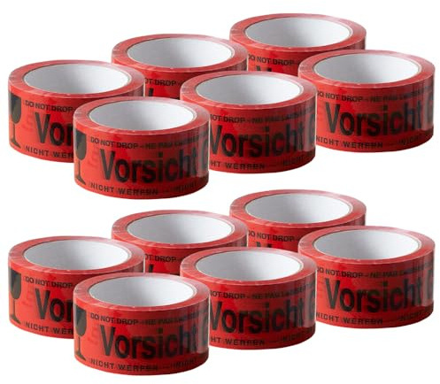 ARLI Paketband Vorsicht Glas 12 Rollen Paketklebeband - 66m x 48mm Warnhinweis rot für sicheren Versand von Glaswaren Auffälliges rotes Klebeband mit Aufdruck zerbrechlich (12x Vorsicht Glas)