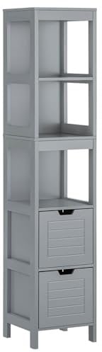 osoltus Beistellschrank Badezimmer Hampton | Cottage Design 1 Tür mit 2 Regalböden und 4 Schubladen | Badezimmerschrank Holz 55 x 32 x 82 cm (LBH) (schmal grau)